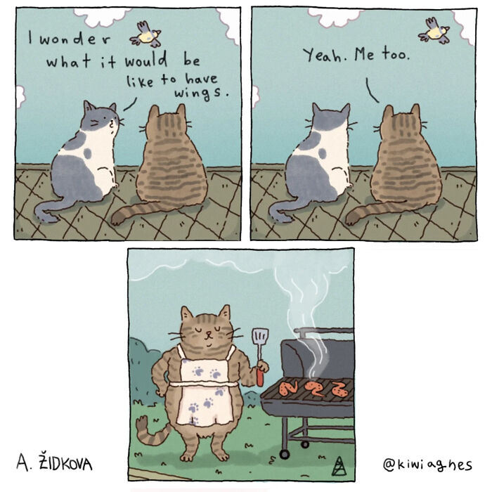 Illustrated funny comic of two cats wondering about wings and one cat grilling shrimp, a humorous unexpected comic.