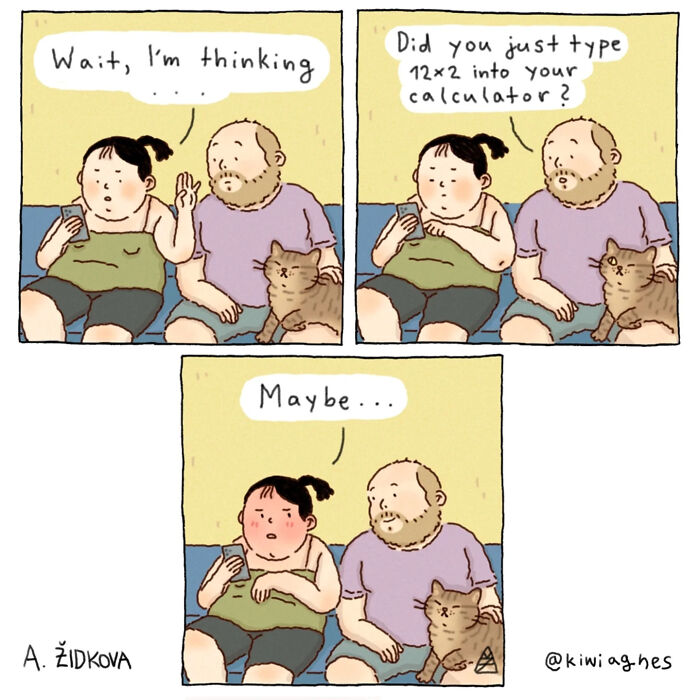Funny comic of a couple and a cat, with a humorous calculator moment, part of unexpected comics to make you smile.