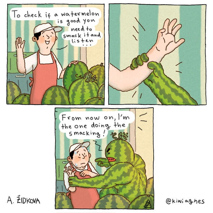 Funny and unexpected comic showing a watermelon monster surprising a vendor about how to check if a watermelon is good.