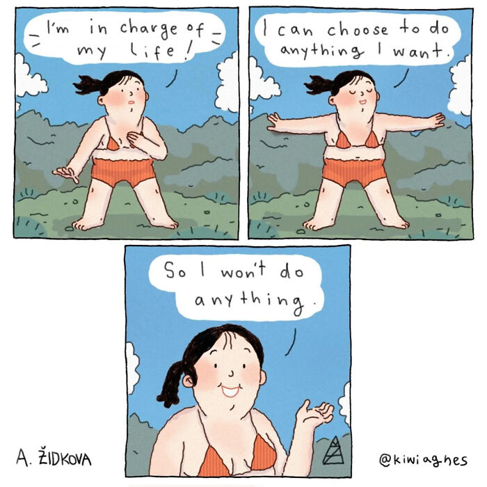 Funny and unexpected comic panels showing a character humorously declaring control over life but choosing to do nothing.