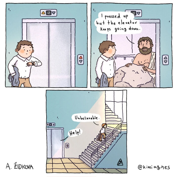 Funny and unexpected comic showing a man trapped in an elevator causing him to take the stairs instead.