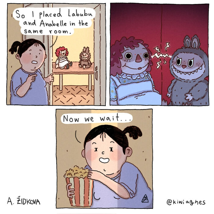 Funny and unexpected comic panels showing a character placing dolls together and waiting with popcorn to smile.