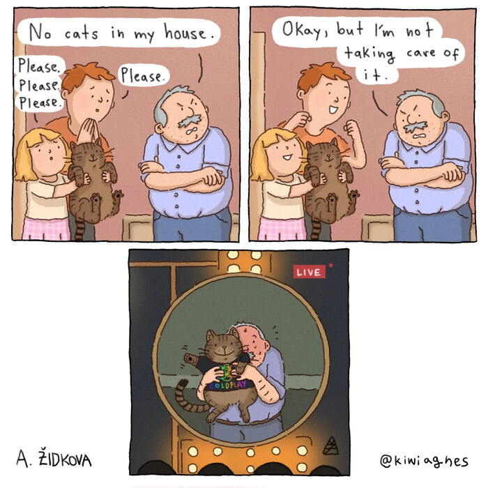 Funny comic showing a girl pleading for a cat and a man reluctantly holding the cat live on stage.