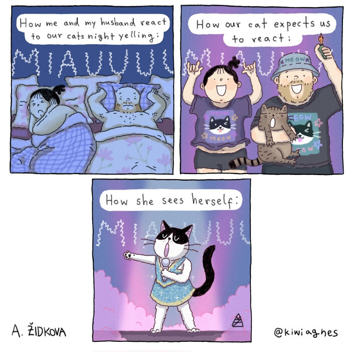Couple annoyed by cats yelling at night, cat owners reacting happily, and cat imagining herself as a confident star in funny comics.