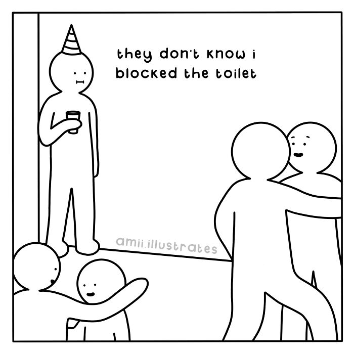 Black and white comic by Amii James showing a person at a party hiding the fact they blocked the toilet.