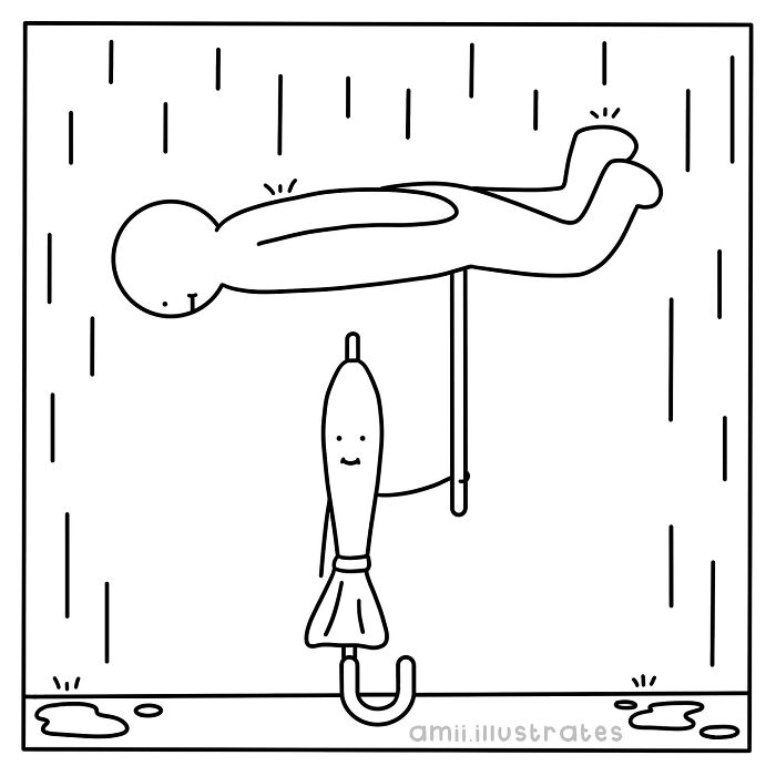 Black and white relatable comic by Amii James showing an umbrella holding up a floating person in the rain.