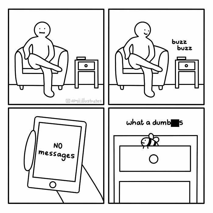 Minimalist comic by Amii James shows a person annoyed by a buzzing bee with no messages on their phone.