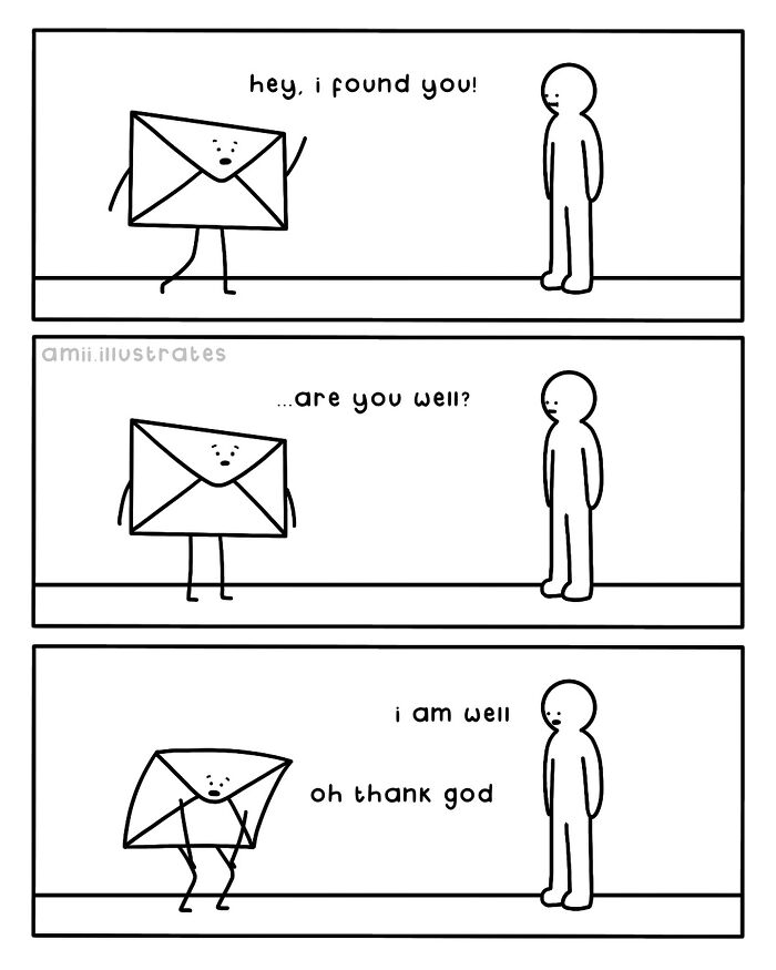 Comic by Amii James showing a walking envelope talking to a person, illustrating relatable life’s little weird moments.