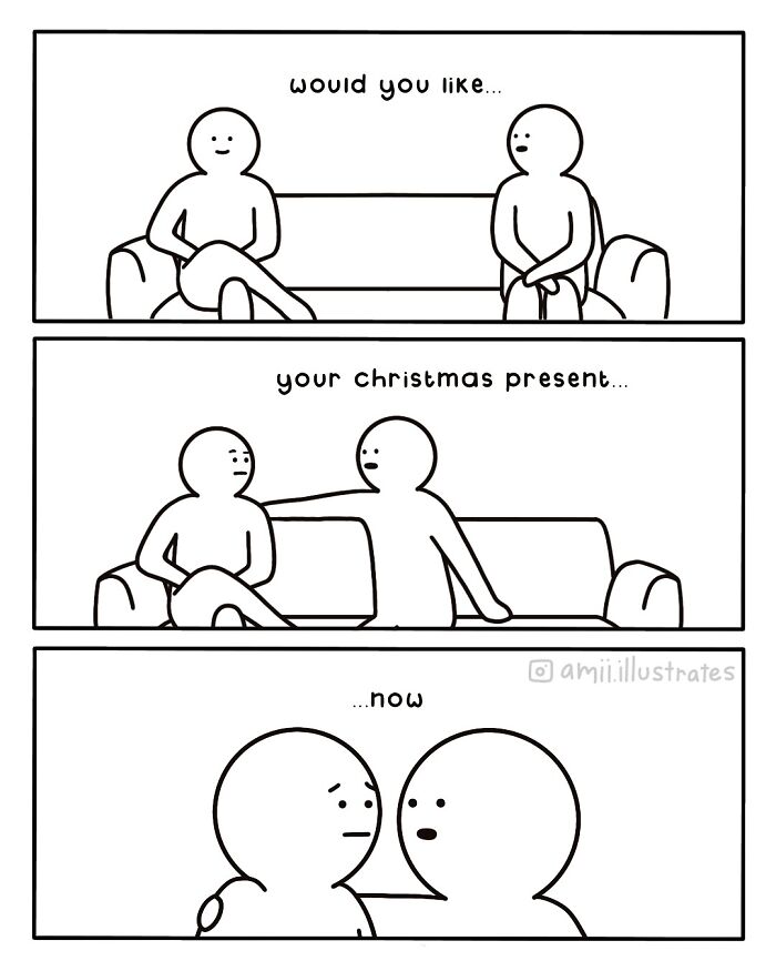Minimalist comic by Amii James showing two characters sharing a heartfelt moment about a Christmas present.