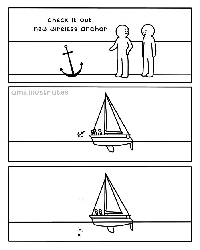Minimalist comic by Amii James shows a wireless anchor on a boat, capturing a relatable and funny life moment.
