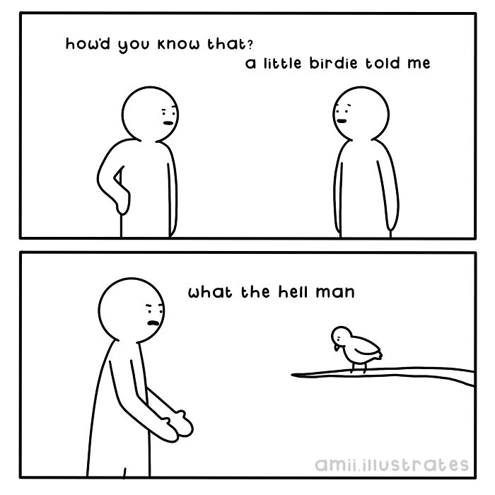 Simple black and white comic by Amii James showing a funny life moment with a talking bird and confused characters.