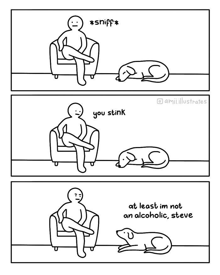 Simple black and white comic by Amii James showing a person and dog exchanging humorous insults about weird life moments.