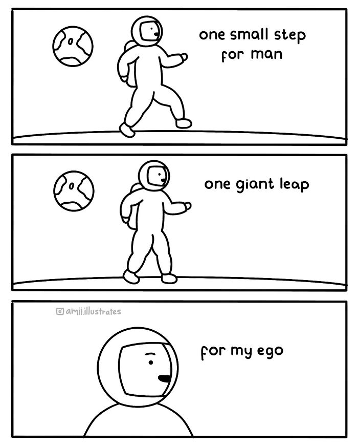 Comic strip by Amii James showing an astronaut humorously reflecting on life’s little weird moments.