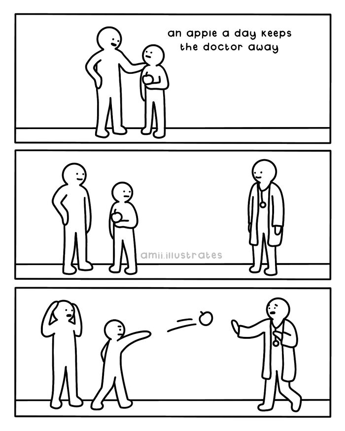 Simple black and white comic by Amii James showing a person throwing an apple at a doctor in a funny scene.