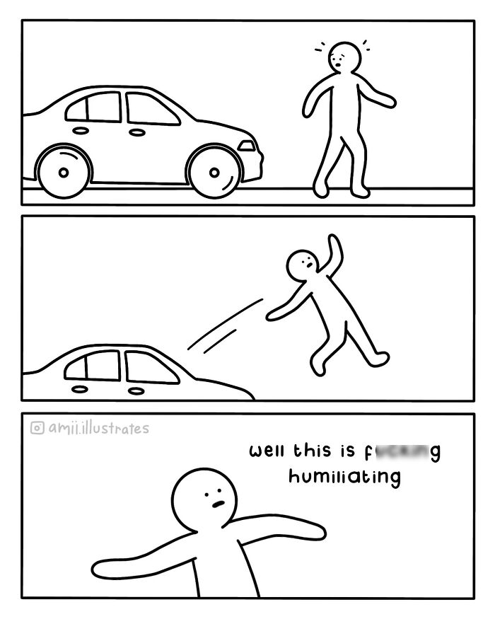 Simple comic by Amii James showing a relatable awkward moment with a character falling and feeling humiliated.