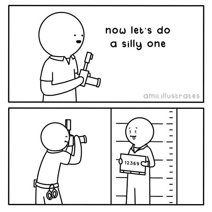 Black and white relatable comic by Amii James showing a silly mugshot moment with a character and a camera.