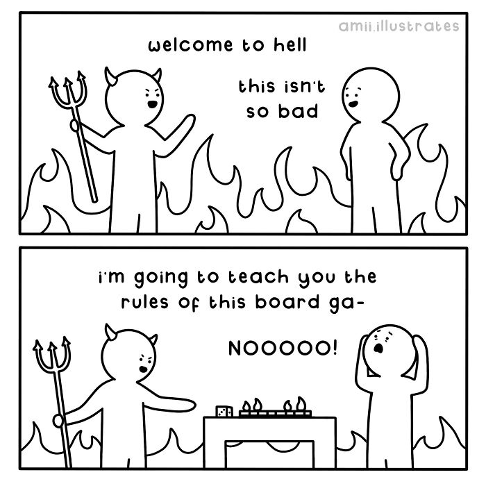 Hilariously relatable comic by Amii James showing a devil explaining board game rules in a fiery setting.