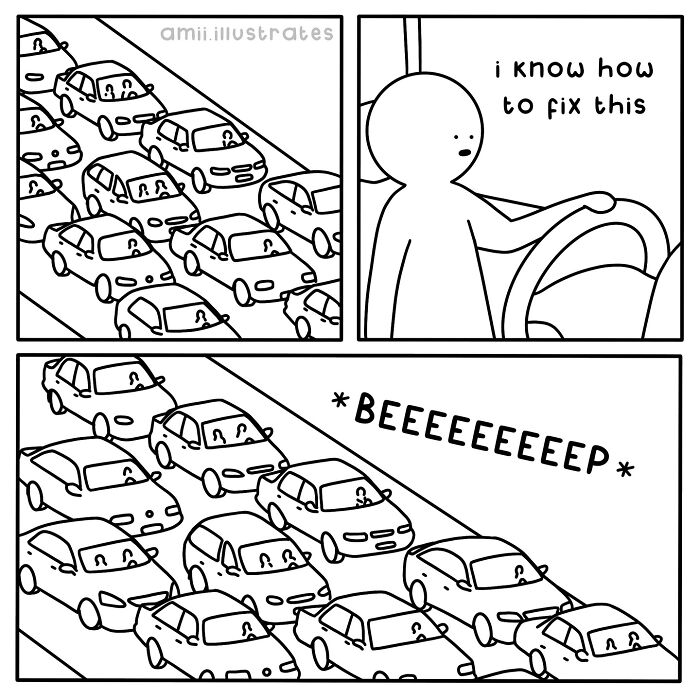 Comic by Amii James shows a relatable traffic jam moment with a character humorously attempting to fix it.