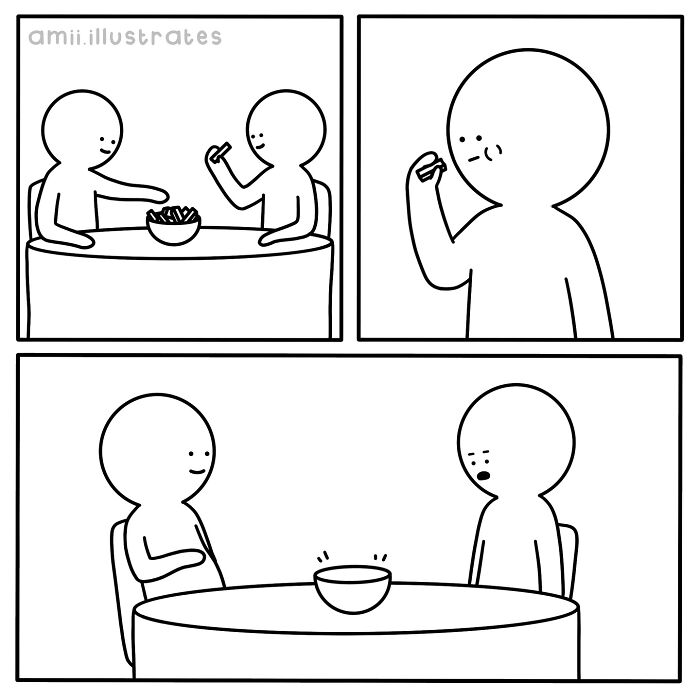 Simple black and white comic by Amii James shows two characters sharing and finishing a bowl of snacks, capturing relatable moments.