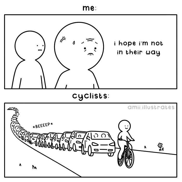 Relatable comic by Amii James showing anxious pedestrian vs cyclist causing a long line of honking cars on the road.