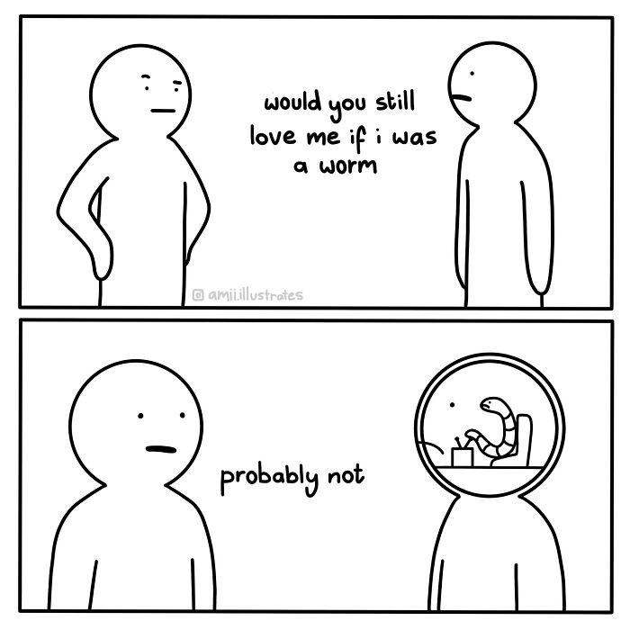 Minimalist relatable comic by Amii James showing two characters and a humorous worm question and answer.