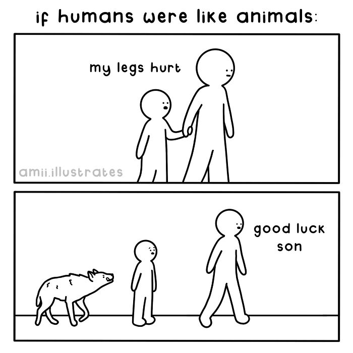 Simple black and white comic by Amii James showing relatable life's little weird moments about human pain and support.