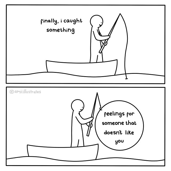Simple black and white comic by Amii James showing a person fishing feelings for someone that doesn't like them.