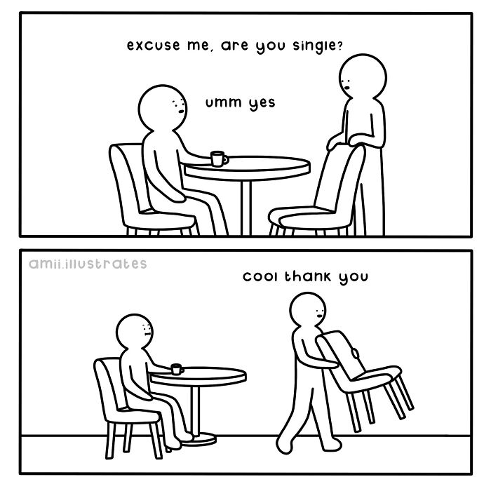 Minimalist comic by Amii James showing a funny relatable moment with two characters and a chair at a table.