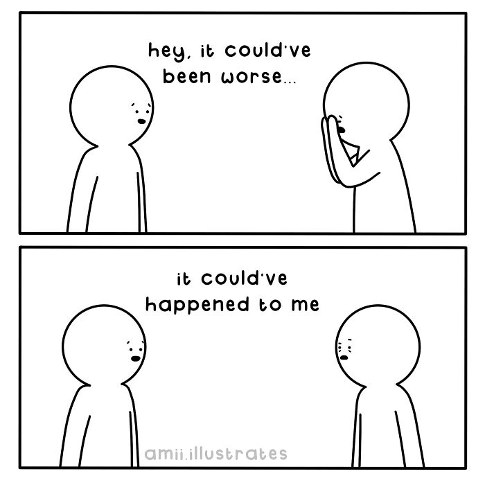 Simple black and white relatable comic by Amii James showing life's little weird moments with two characters talking.