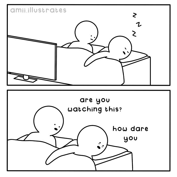 Two-panel comic by Amii James showing a sleeping person disturbed by another asking if they are watching TV, capturing relatable life moments.