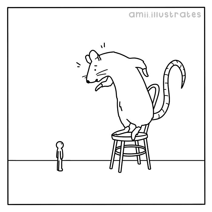 Black and white comic by Amii James showing a large rat on a stool confronting a small person, illustrating relatable moments.