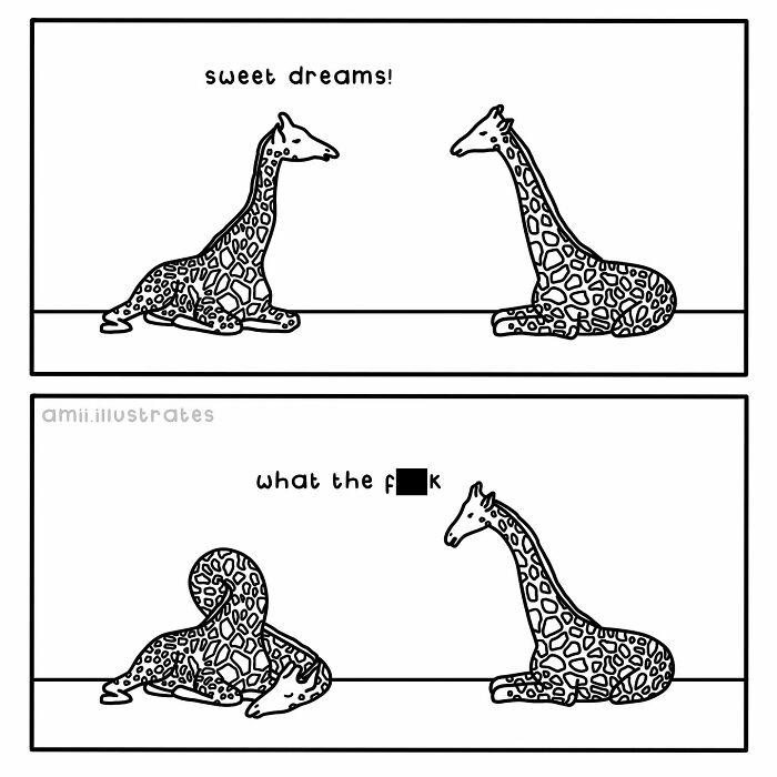 Black and white comic by Amii James showing two giraffes, one suddenly curling up with a confused reaction caption.