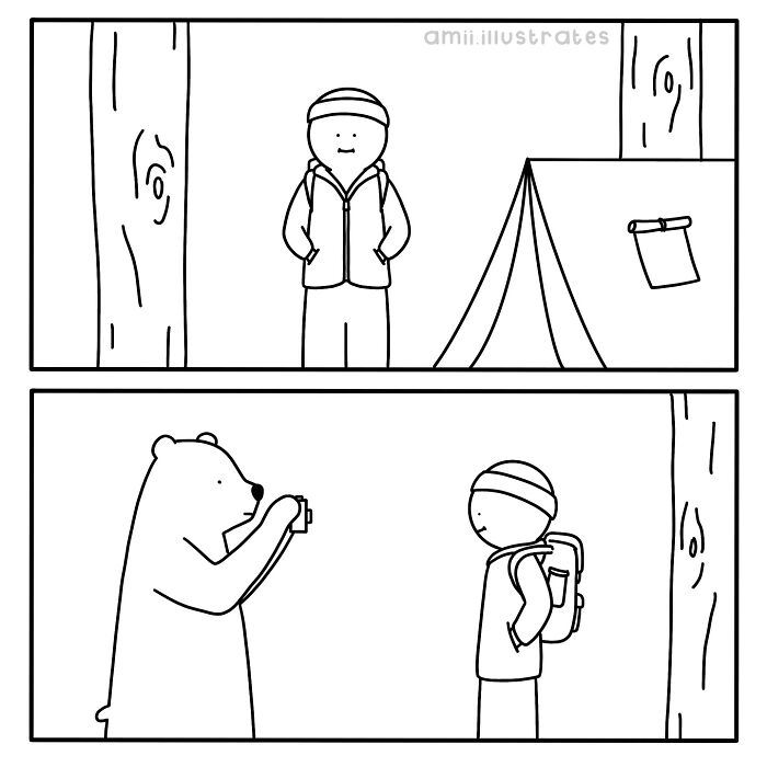 Black and white comic by Amii James showing a person camping and a bear taking their photo, illustrating relatable life moments.