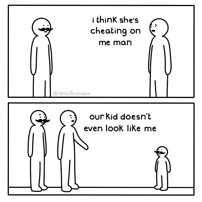 Minimalist comic by Amii James showing two men discussing cheating and a child who looks different, capturing relatable life moments.