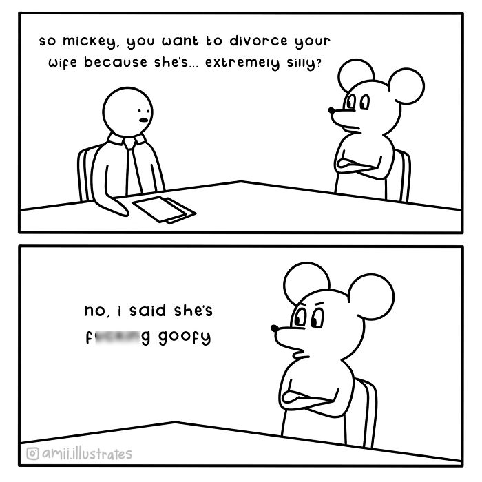 Black and white comic by Amii James featuring a mouse character discussing a divorce over being goofy in a relatable scene.