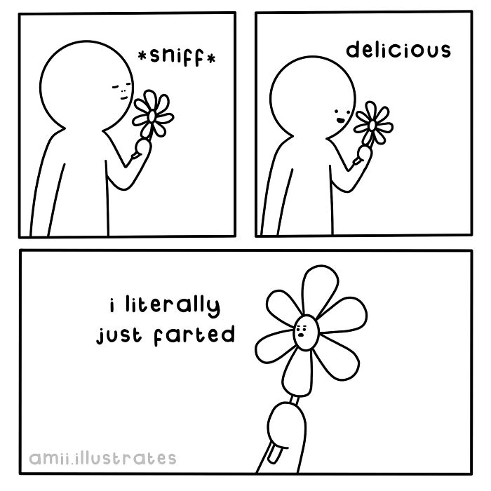 Simple black and white comic by Amii James humorously depicting life's little weird moments with a talking flower.