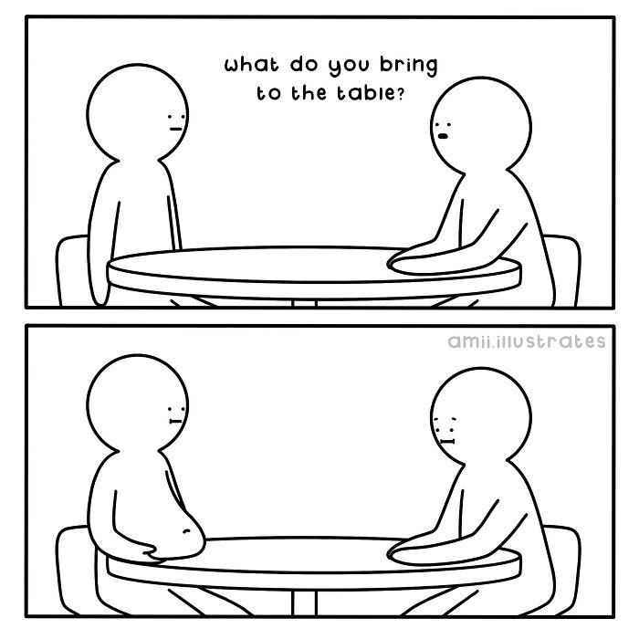 Minimalist comic by Amii James showing two characters at a table illustrating relatable life’s little weird moments.