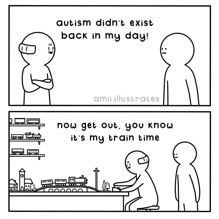Simple black and white comic by Amii James showing relatable life moments with humor about autism and train time.