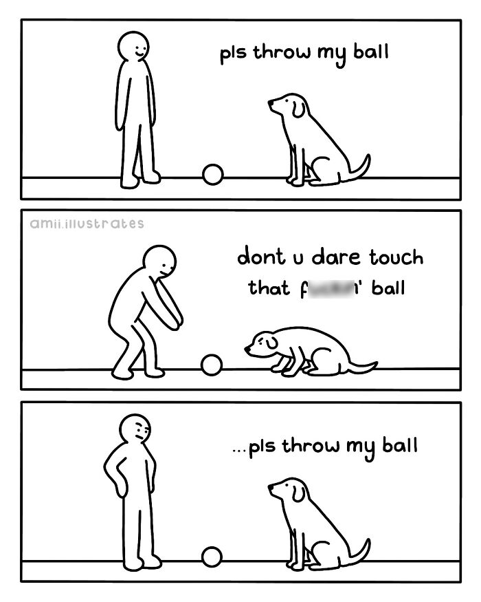 Simple black and white comic by Amii James showing a dog and person playing ball with funny relatable moments.