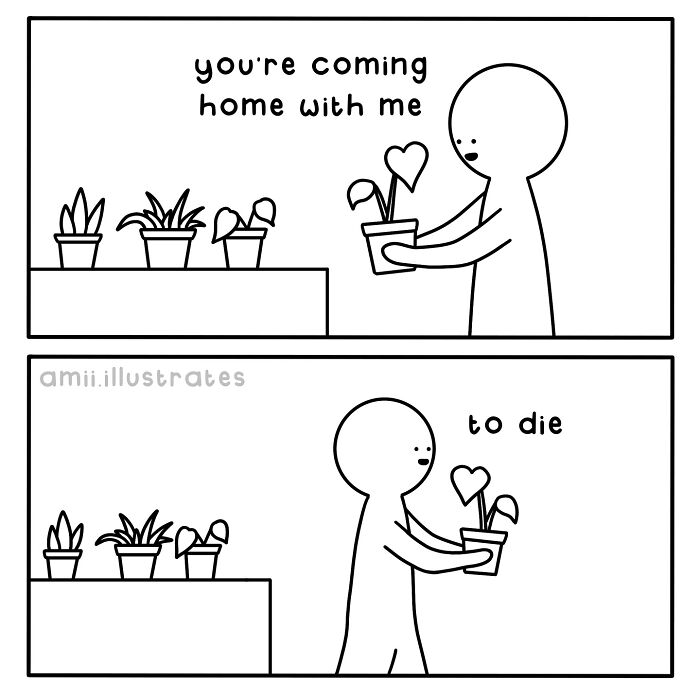Minimalist comic by Amii James showing a character humorously talking about plants in relatable life moments.