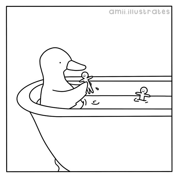 Minimalist black and white comic by Amii James showing a duck in a bathtub with tiny human figures floating in water.