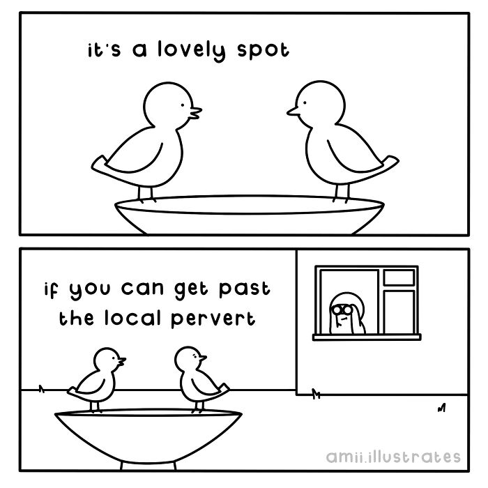 Two birds sitting on a birdbath with a humorous comic style illustrating relatable life moments by Amii James.