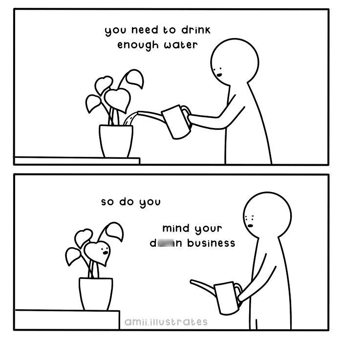 Minimalist comic by Amii James showing a person watering a plant with relatable life’s little weird moments.