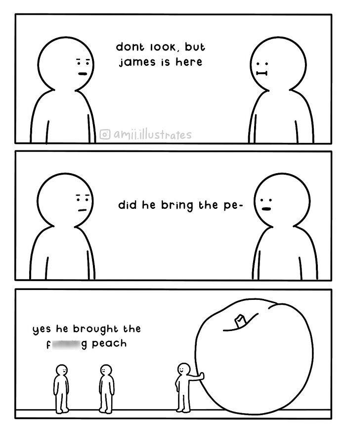 Simple black and white comic by Amii James showing relatable life moments with oversized fruit and minimalistic characters.