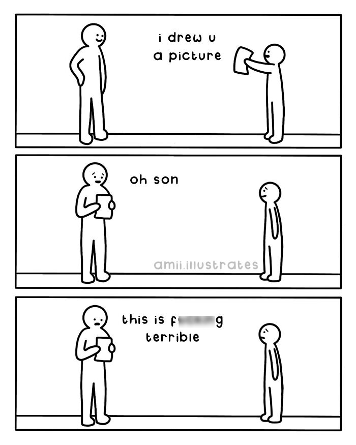 Simple black and white comic by Amii James showing a parent reacting to a child's drawing with funny disappointment.