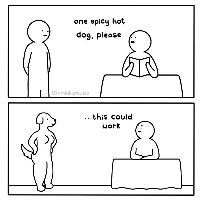 Minimalist comic by Amii James showing a person ordering a spicy hot dog and imagining a dog with a human body.