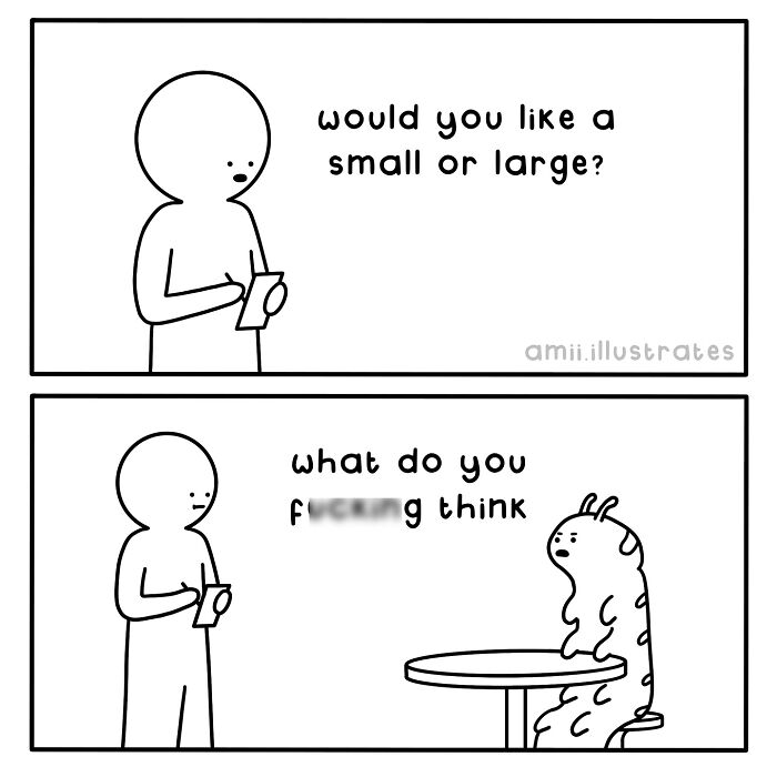 Minimalist relatable comic by Amii James showing a character and a confused creature in a humorous restaurant scene.