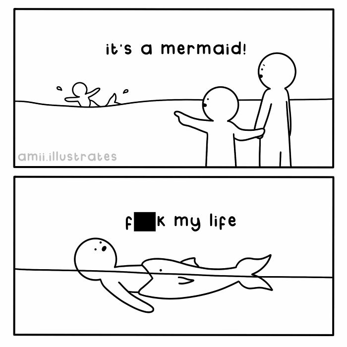 Simple black and white comic by Amii James showing a person mistaking a drowning man for a mermaid in a relatable life moment.