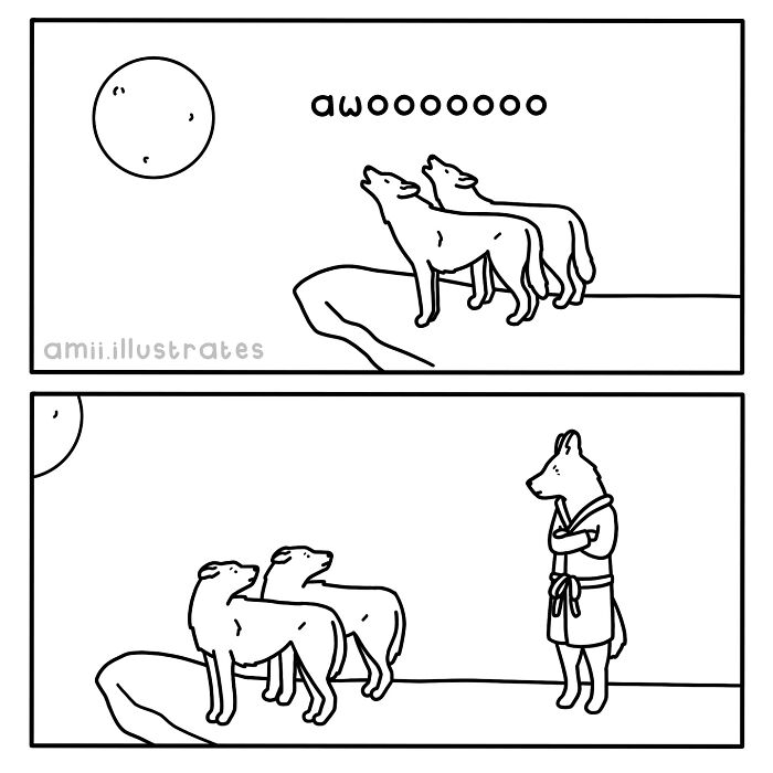 Two-panel comic by Amii James showing wolves howling at the moon and a wolf in a robe observing awkwardly.