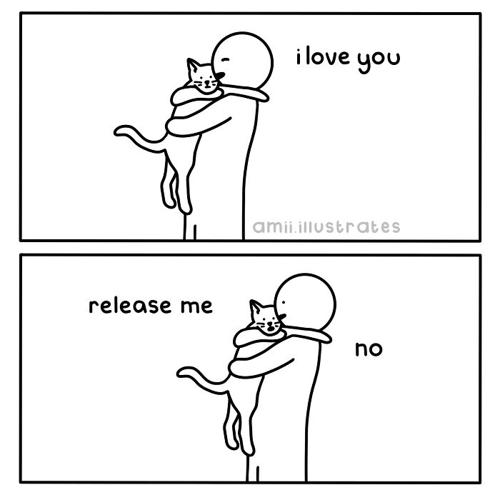 Simple black and white comic by Amii James showing a person hugging a cat with funny relatable dialogue.